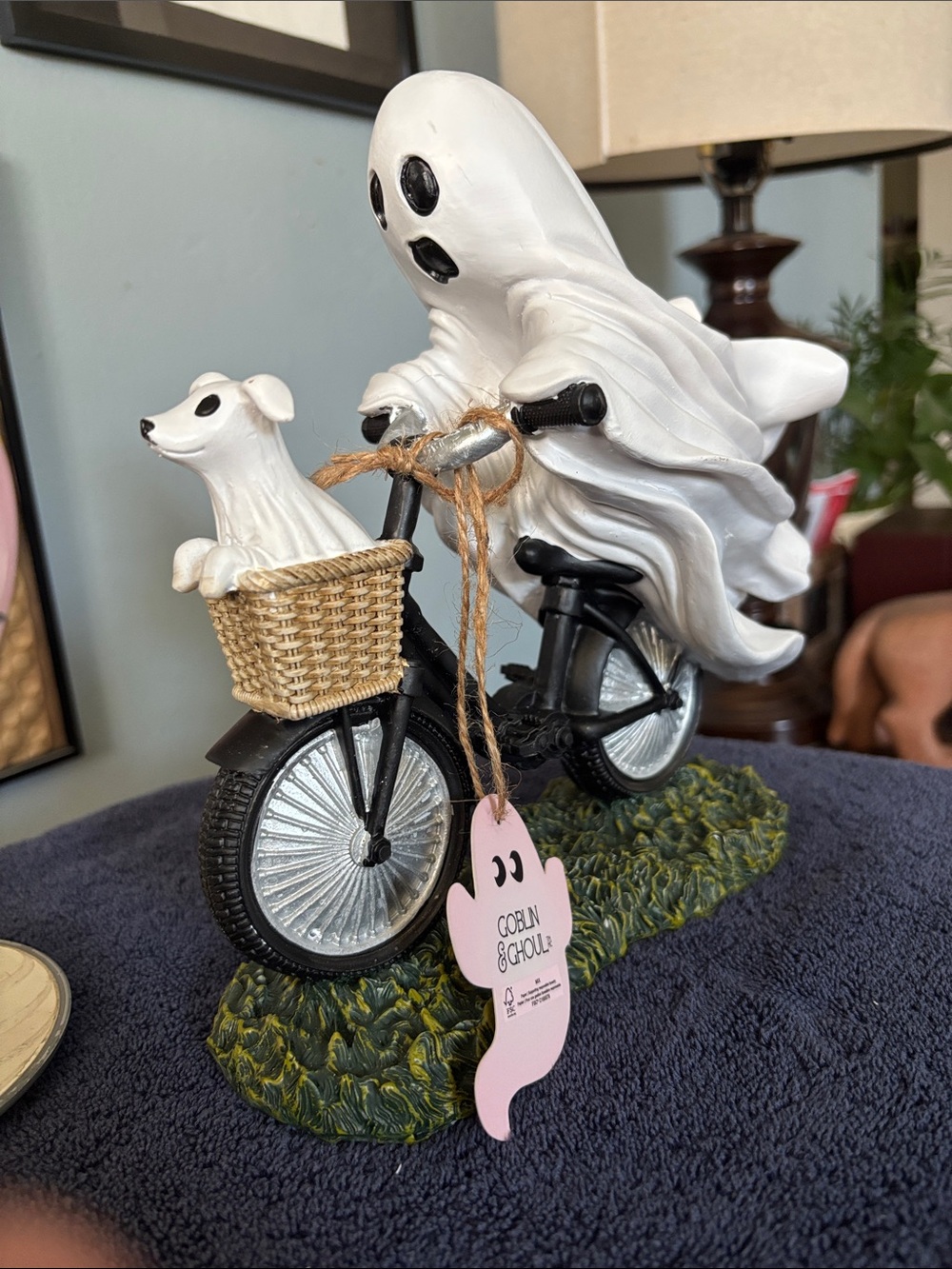 White Ghost Figurine on Bicycle with Dog in Basket - Halloween Goblin & Ghoul